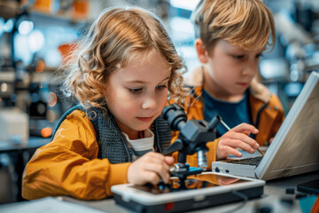 Young students explore science with technology in elementary classroom: Girl examines under microscope, boy researches on tablet as teacher supervises.