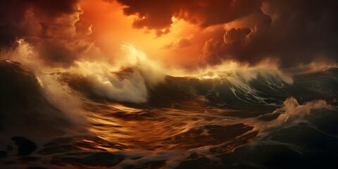 Fototapeta premium Ocean storm with powerful waves crashing under fiery sky reflecting chaotic energy. Concept Dramatic Seascape, Stormy Weather, Powerful Waves, Fiery Sky, Chaotic Energy