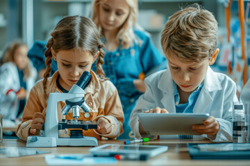 Young students exploring science: Girl peeks under microscope, boy researches on tablet, teacher supervises.