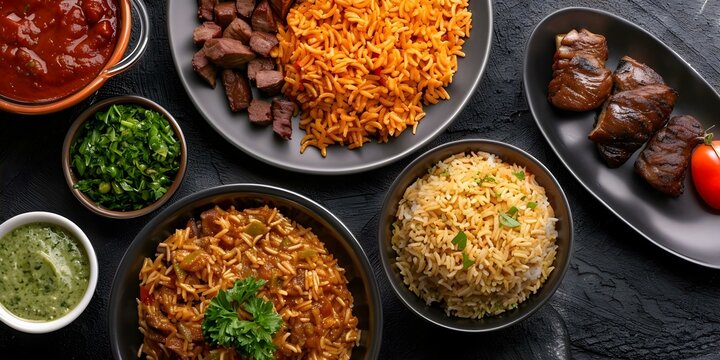 Collage of Nigerian cuisine featuring jollof rice suya puff puff vibrant ingredients. Concept Nigerian Cuisine, Jollof Rice, Suya, Puff Puff, Vibrant Ingredients, Food Photography