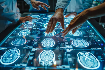 Innovative Medical Research: Diverse Colleagues Analyzing Brain MRI Scans for Alzheimer's Cure at Interactive Touch Screen Table