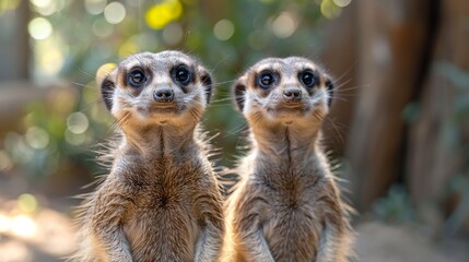 A pair of inquisitive meerkats standing upright with one facing blurred