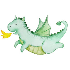 Watercolor cute green dragon, fairy tale illustration