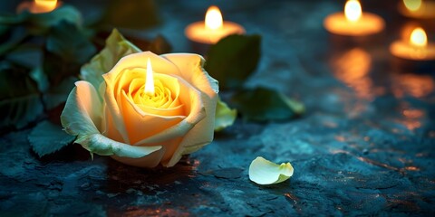 Burning white rose candle on dark background for funeral announcement or obituary. Concept White Rose Candle, Dark Background, Funeral Announcement, Obituary, Symbol of Remembrance