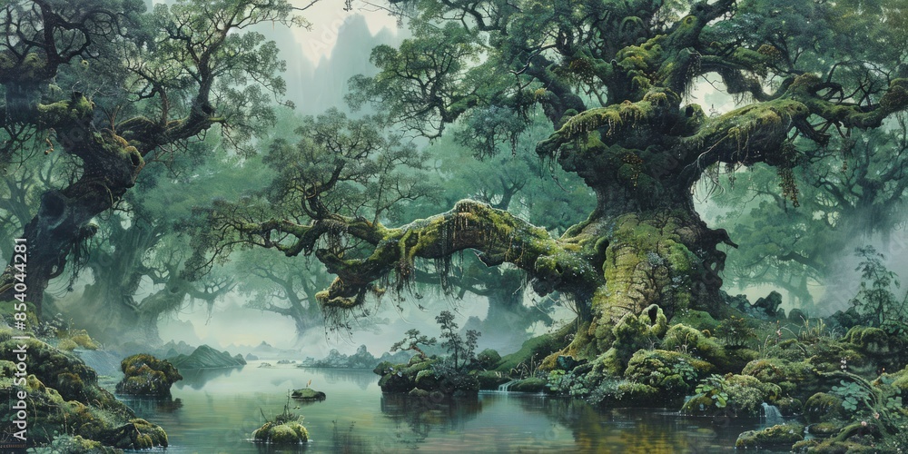 Poster a painting of a forest with a large tree in the middle. generate ai image