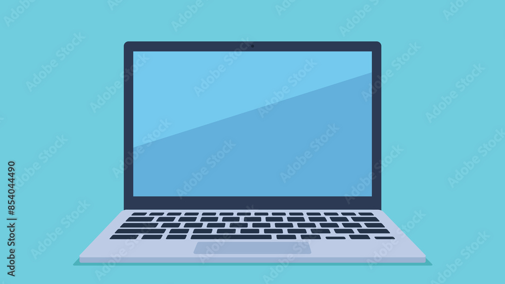 Poster laptop on a single color background. the laptop screen is clear, there is only a reflection of light