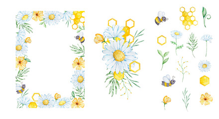 Watercolor floral frame with bee, honeycomb, daisy and leaves
