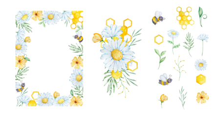 Watercolor floral frame with bee, honeycomb, daisy and leaves