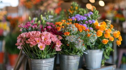 Obraz premium A close-up shot of four colorful flower bouquets arranged in galvanized buckets. The bouquets feature a variety of blooms, including pink daisies, orange roses, and purple flowers.