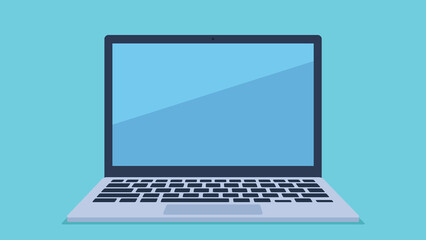 Laptop on a single color background. The laptop screen is clear, there is only a reflection of light on it. Graphics in flat design style.