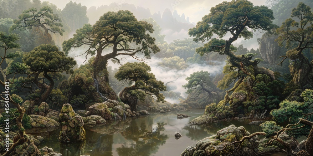 Poster a painting of a forest with a large tree in the middle. generate ai image