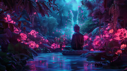 A Buddha statue in an enchanted forest surrounded by glowing flowers and vibrant light, reflecting...