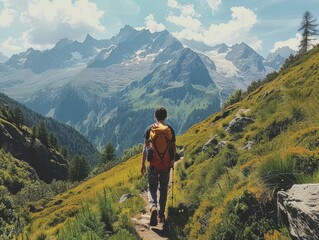 Fototapeta premium A lone backpacker traverses a lush mountain trail, with towering peaks and a blue sky in the backdrop.