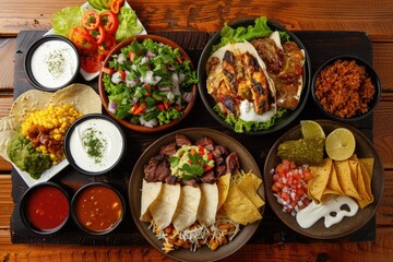 Selection of Mexican food on wood background, top view
