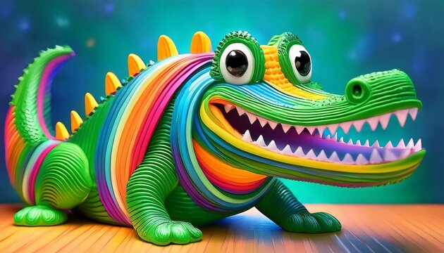 Un alegre y divertido cocodrilo hecho de tiras de plastilina de colores. Tema infantil