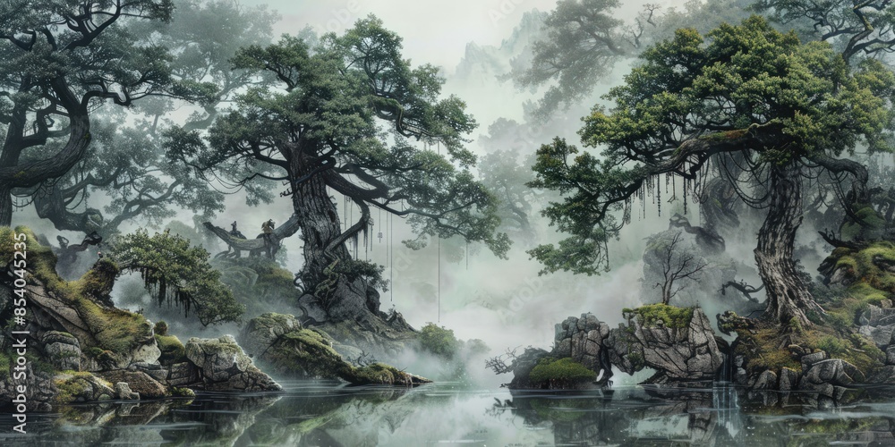 Poster a painting of a forest with a large tree in the middle. generate ai image