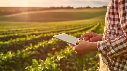 A farmer using an tablet to monitor crop growth and market data