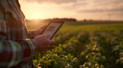 A farmer using an tablet to monitor crop growth and market data