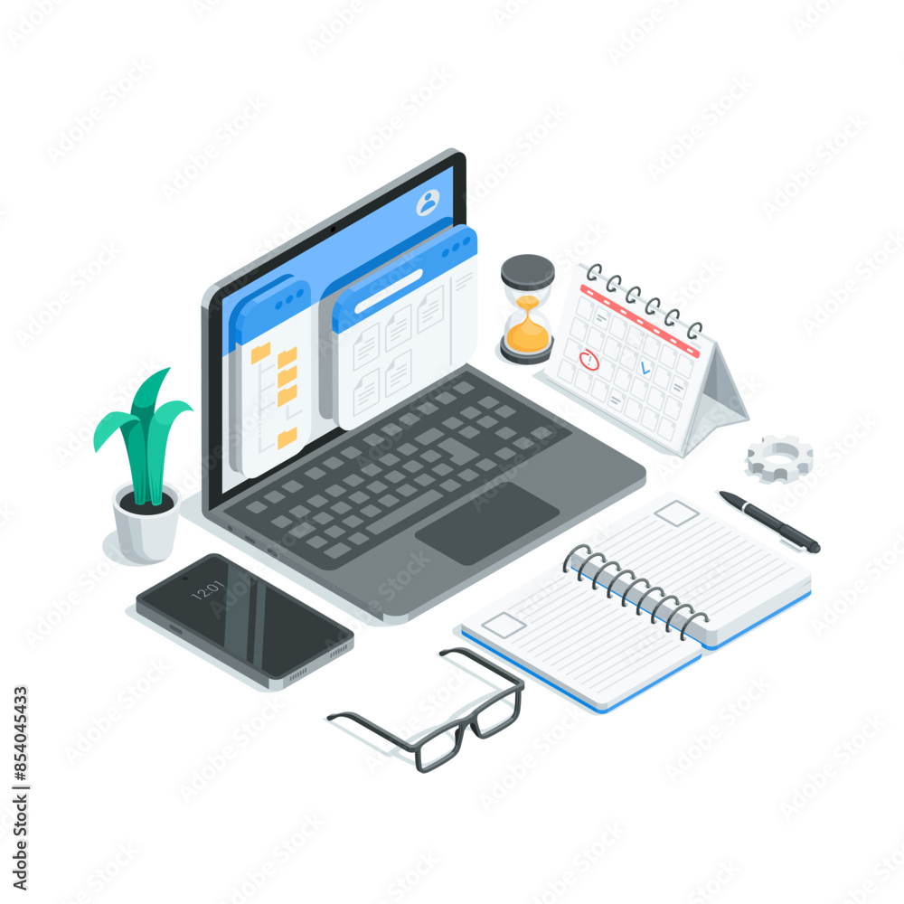 Poster isometric vector laptop with open program windows and calendar with hourglass and diary, in color on