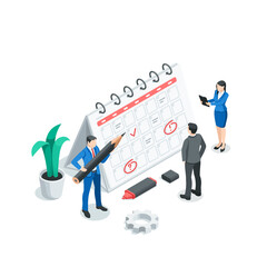 isometric vector men and woman near the calendar, in color on a white background, planning or teamwork with calendar