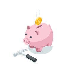 isometric piggy bank with hammer and coin, in color on a white background, banking and financial savings or deposit