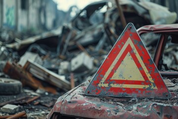 Fototapeta premium Closeup shot of a triangle attention sign on car accident site, parts of the car scattered