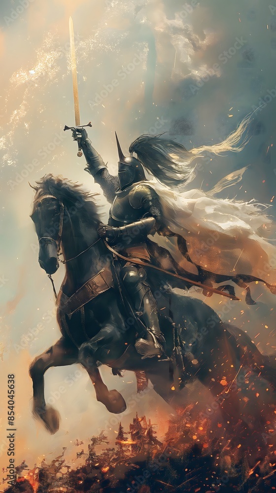 Wall mural Illustration of a knight wearing armor and holding a long sword, riding a horse and fighting on the battlefield, a hero wearing armor and holding a long sword, a mythological figure wearing armor and 