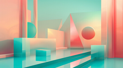 Architectural illustration of minimalist architecture, cylinders and triangles, turquoise and peach mixes, abstract gradients background, geometric shapes, illustration, digital brush