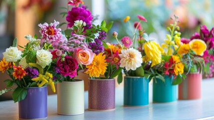 Fototapeta premium A close-up shot of six vibrant flower arrangements in colorful ceramic vases. The flowers are various shades of pink, red, yellow, white, and orange.