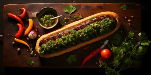Topdown image of Argentinian choripan chimichurri with rule of thirds composition. Concept Food Photography, Argentine Cuisine, Rule of Thirds, Top-Down Shot, Choripan Chimichurri