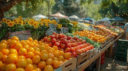 A vibrant display of colorful fruits and vegetables at an outdoor market.