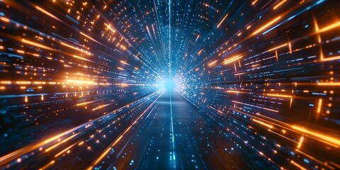 Fototapeta premium Data tunnel with blue and orange lights speeding towards bright end. Concept Technology, Data Visualization, Light Effects, Futuristic Design
