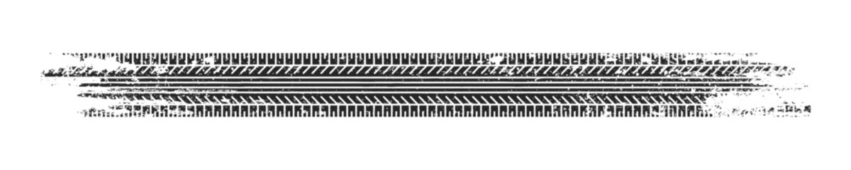 Grunge tire track, wheel braking marks. Truck, car or motorcycle tread pattern silhouette. Auto race, motorsport, speed racing design element. Vector illustration