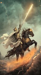 Illustration of a knight wearing armor and holding a long sword, riding a horse and fighting on the battlefield, a hero wearing armor and holding a long sword, a mythological figure wearing armor and 