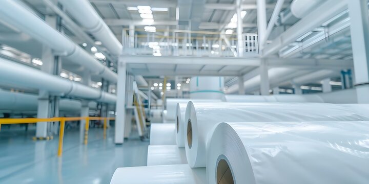 Modern equipment for producing coated paper in the paper industry. Concept Coating Technology, Paper Manufacturing, Modern Equipment, Coated Paper Production, Industry Innovations