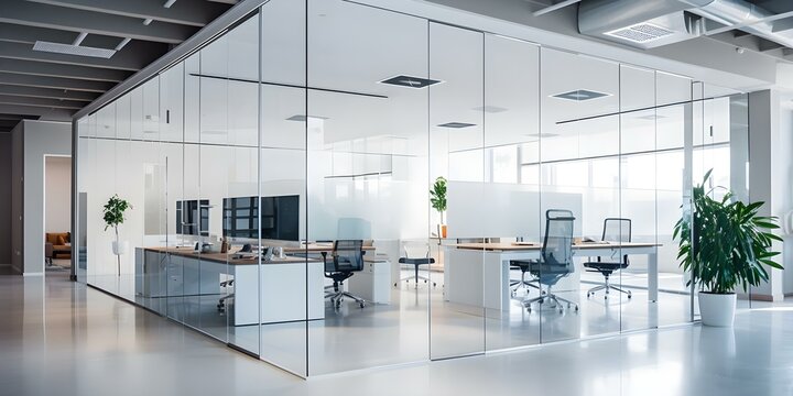 Modern office design with glass partitions room dividers and white walls. Concept Office Design, Glass Partitions, Room Dividers, White Walls, Modern Style