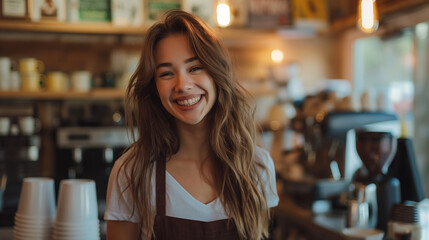 Barista is working in coffee shop, young woman is standing behind the bar counter, making coffee, take away. image for advertising
