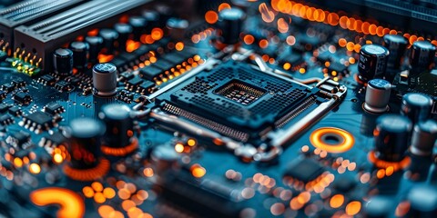 Highperformance computer circuit board with cooling fans and LEDs in server. Concept Computer Hardware, Circuit Board, Cooling Fans, LEDs, Server Technology