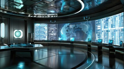 Futuristic study area with interactive screens