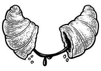 divided split croissant sketch engraving PNG illustration. T-shirt apparel print design. Scratch board imitation. Black and white hand drawn image.