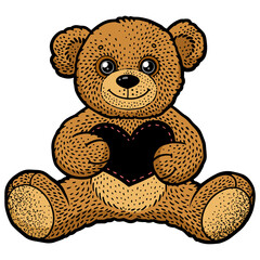 Teddy bear toy with heart valentine day gift color sketch engraving PNG illustration. T-shirt apparel print design. Scratch board imitation. Black and white hand drawn image.