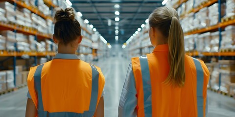 Warehouse workers in safety vests discuss in modern logistics center. Concept Warehouse Operations, Safety Protocols, Logistics Management, Worker Collaboration, Modern Technology