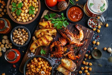 Hot Beer Snacks Set, Wine Snack Collection, Antipasti Buffet of Grilled Prawns, Chicken Wings Barbecue
