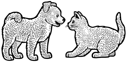 puppy and kitten line art sketch engraving PNG illustration. T-shirt apparel print design. Scratch board imitation. Black and white hand drawn image.