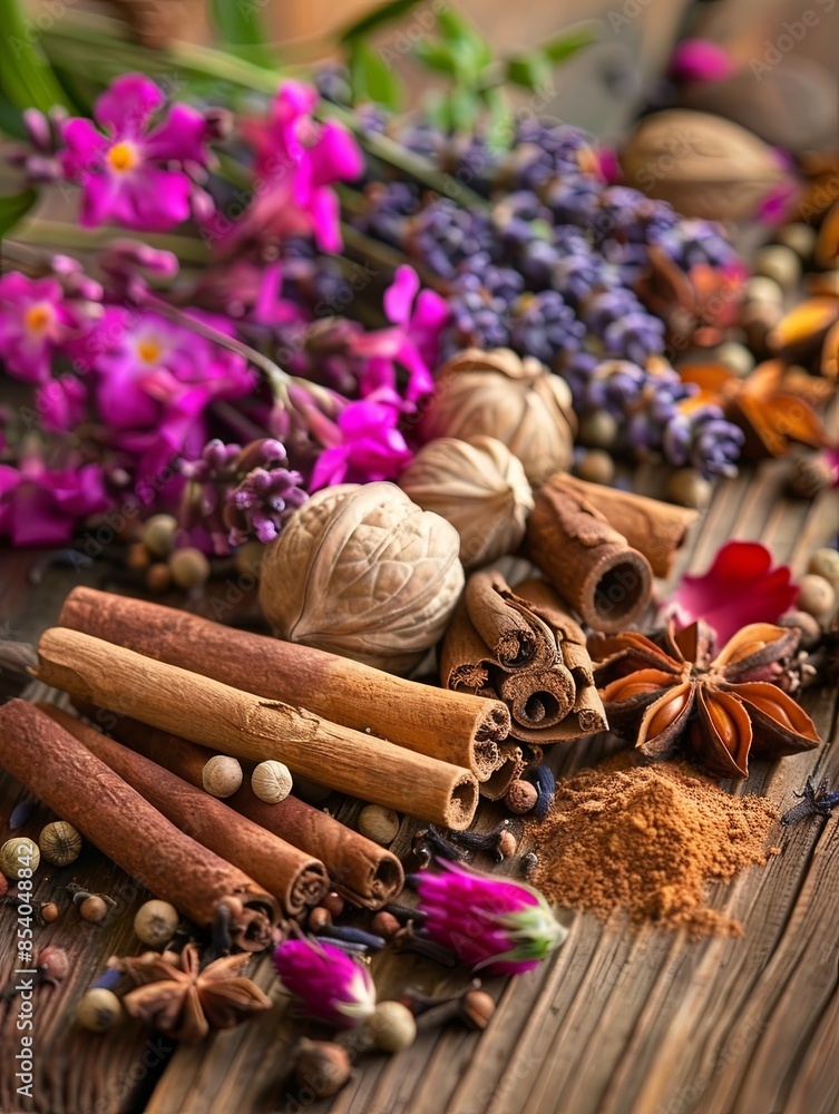 Poster a close-up image showcasing a combination of fragrant spices and fresh flowers arranged on a rustic 