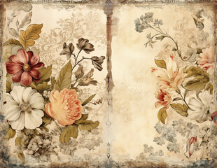 Vintage background with flowers. Shabby chic paper for junk journal. Scrapbooking floral paper. Generative AI.