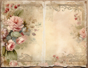Vintage background with flowers. Shabby chic paper for junk journal. Scrapbooking floral paper. Generative AI.