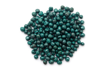 Close-up of Dried Organic Cauliflower (Brassica oleracea) seeds, isolated on a white background. Top view.