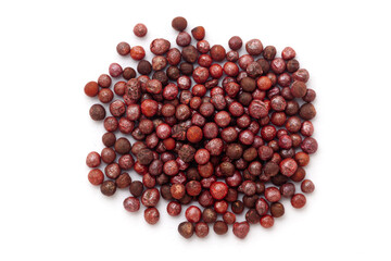 Close-up of Dried Organic Cabbage (Brassica oleracea) seeds, isolated on a white background. Top view.