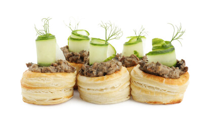 Delicious puff pastry with mushrooms, cucumber and dill isolated on white